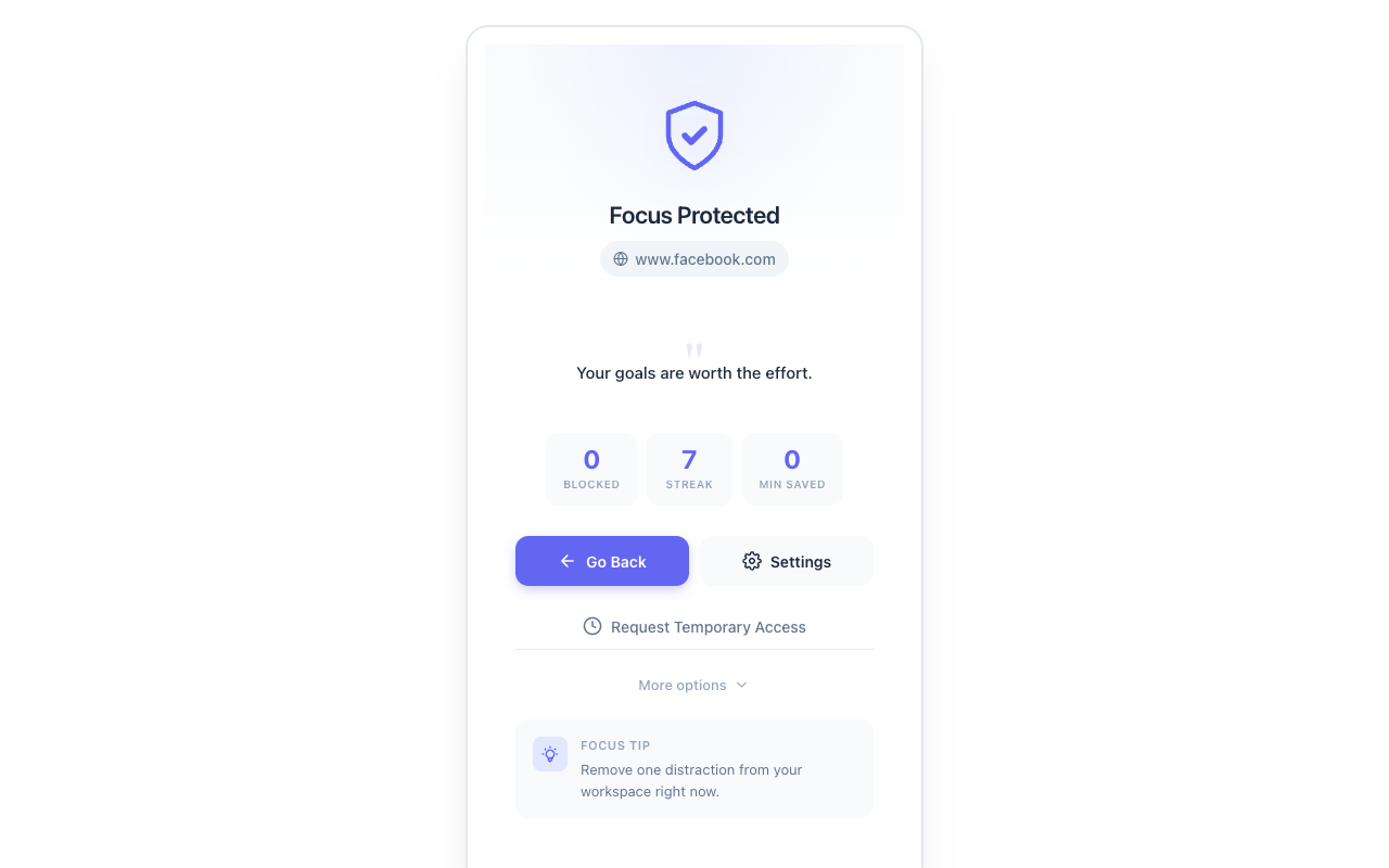 Blocked page with a focus message and temporary access option
