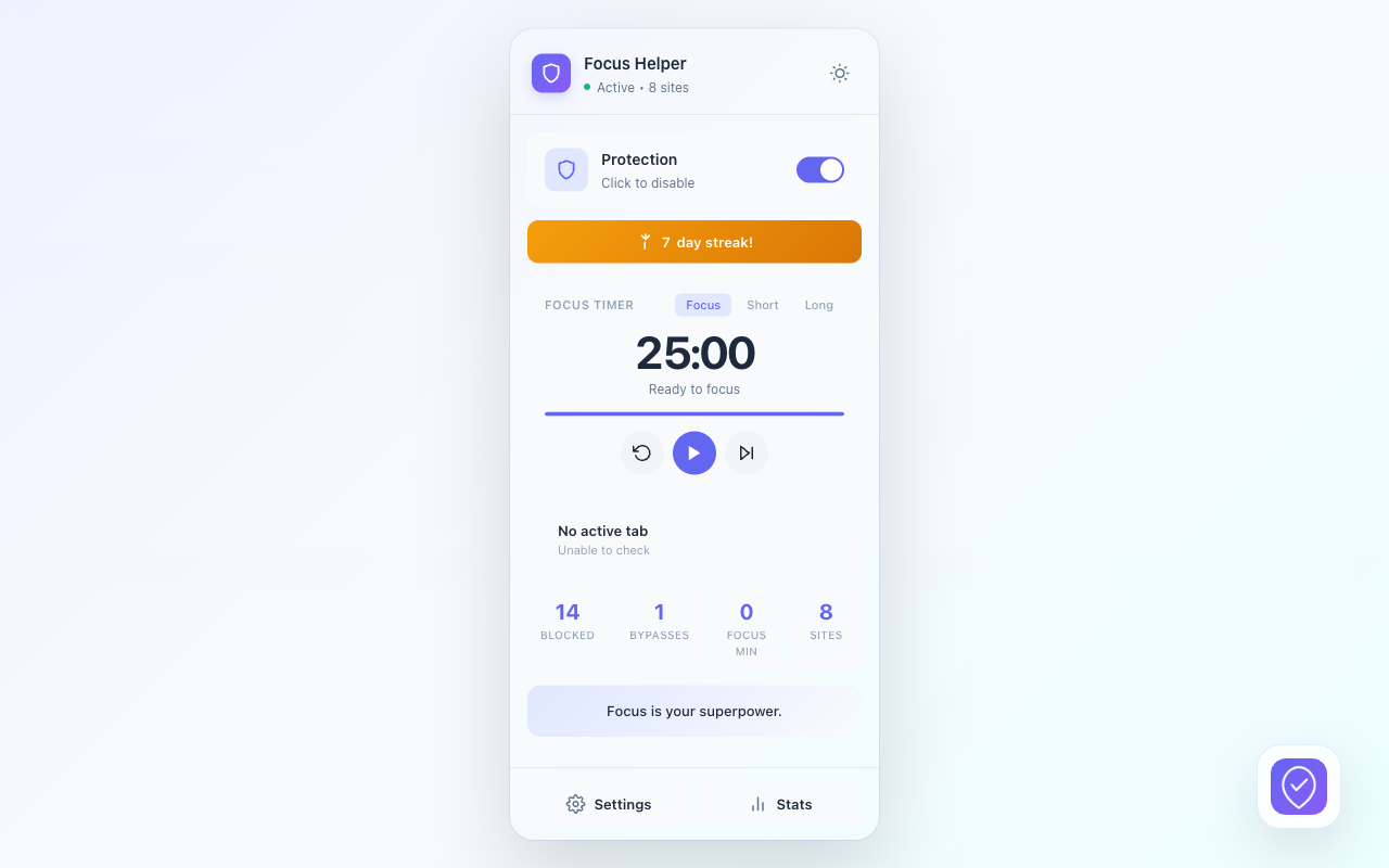 ADHD Focus Helper popup showing protection status, focus timer, and stats
